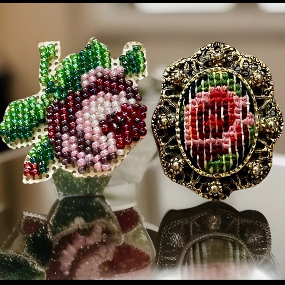 Pretty Needlepoint & Beaded Brooch Set (2) Vintage Lot